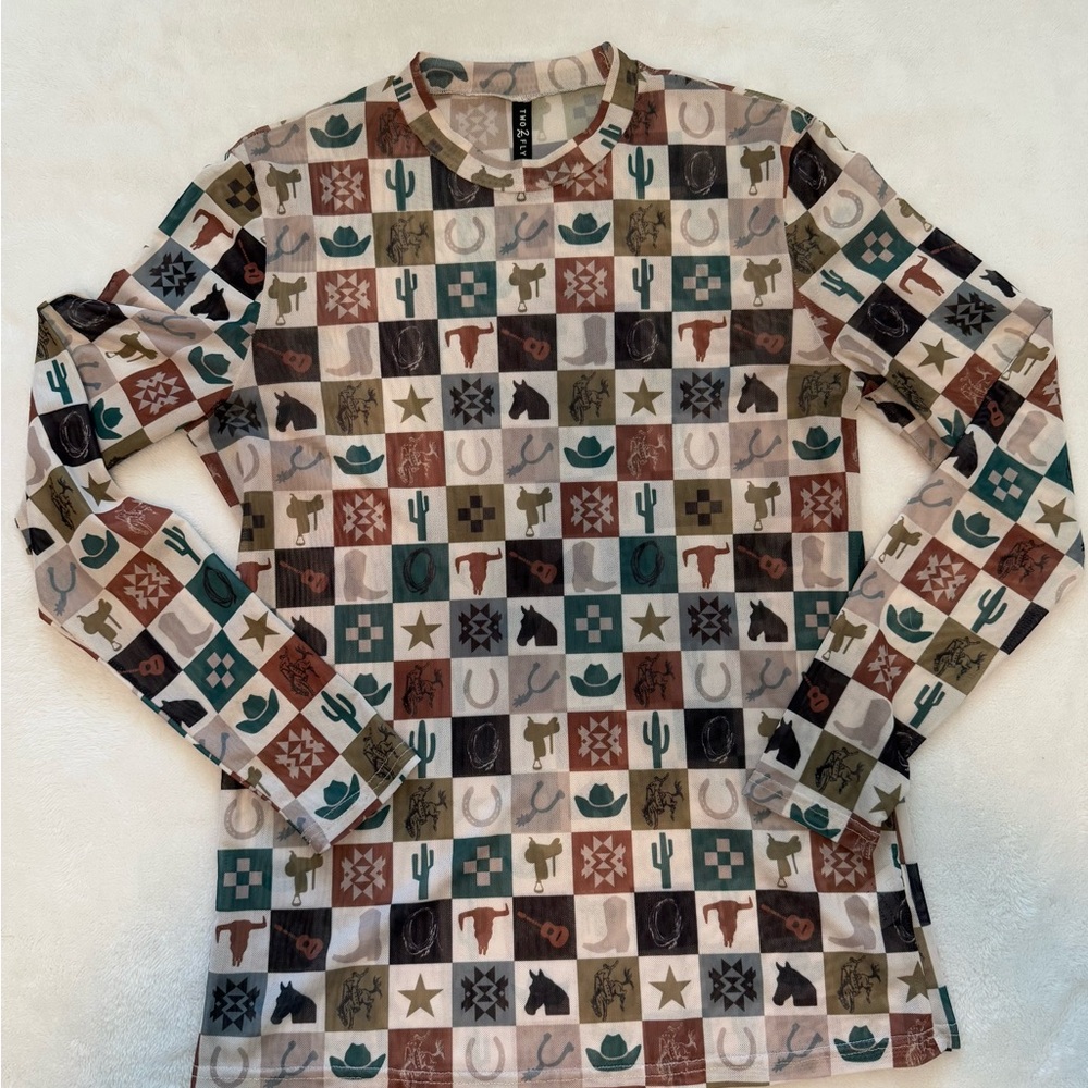 Western Icon Print Mesh Long Sleeve Top - Multi